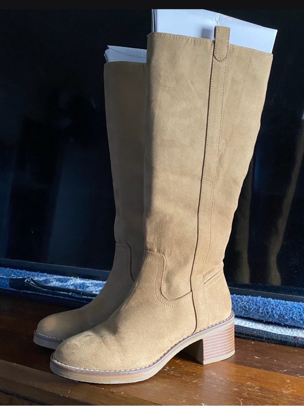 Kensie Tan Suede Knee-High Block Heel Boots